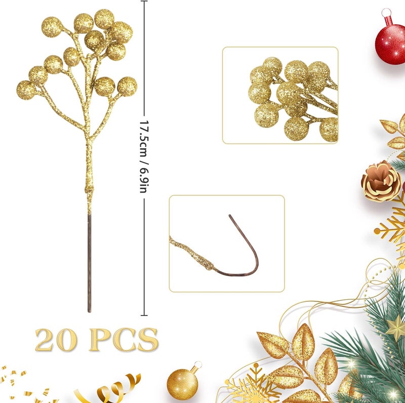 Fangoo 20 Pack Artificial Gold Berry Stems, 7.1 Inch Burgundy Red Berry Picks Holly Berries Branches Artificial Red Berries for Christmas Tree Xmas Wreath Crafts - Image 2